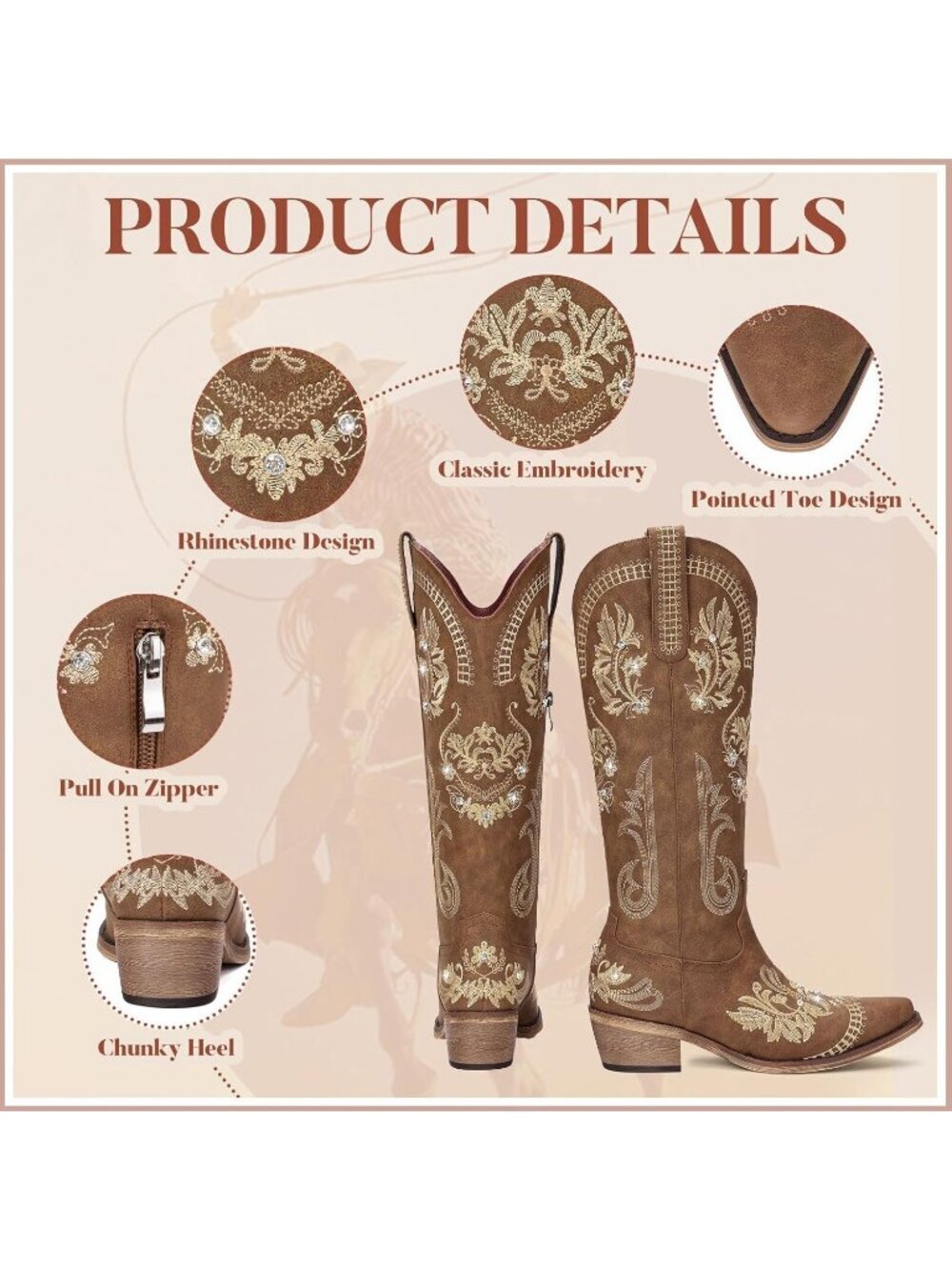 Women's Wide Calf Knee High Sparkly Rhinestone Brown Western Boots Pull On Boots - Picture 5 of 6